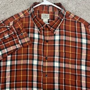 LL Bean Mens‎ Flannel Shirt XLT Tall Traditional Fit Brown Plaid Button Up Rust